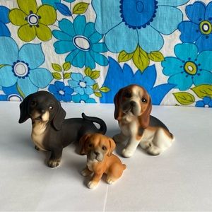 Vintage puppy dog figurine set of 3 basset hound‎ dachshund & boxer puppy